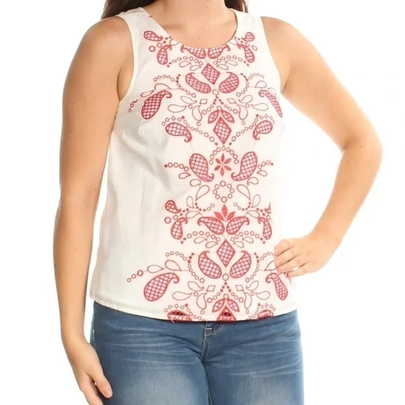 MAISON JULES | NWT Red White Paisley Embroidered Sleeveless Parisian Top M - Picture 2 of 3